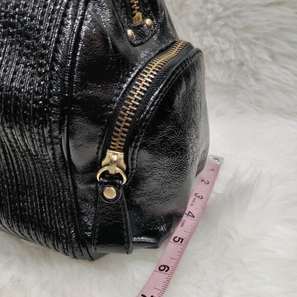 Elliott Lucca Black Patent Leather Handbag With Gold Accents Double Handle Bag - Picture 14 of 15